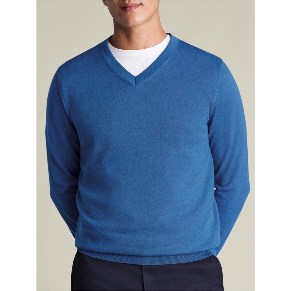 Charles Tyrwhitt 100% Merino Extra Fine Wool V Neck Sweater Blue Large NWOT